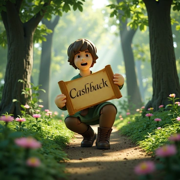 An adventurer with short brown hair wearing a green tunic and brown leather boots is kneeling on the forest floor. The forest is dense with tall, ancient trees and vibrant green foliage, with shafts of sunlight filtering through the leaves. The adventurer is holding an ornate scroll that reads "Cashback" in elegant calligraphy, which appears to be made of aged parchment with golden accents. Surrounding the adventurer are colorful wildflowers and small magical creatures peeking from behind the trees, creating an enchanting atmosphere. The adventurer’s expression is one of surprise and wonder as they discover the hidden scroll.
