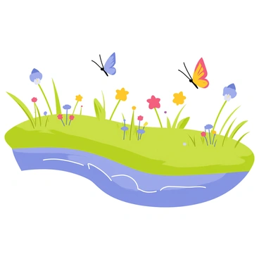 A riverbank with lush green grass and flowering plants. Several colorful butterflies are fluttering above the wildflowers, showcasing a variety of vivid colors such as red, blue, yellow, and orange on their wings. The river itself flows gently, reflecting the bright colors of the butterflies and the blue sky above.