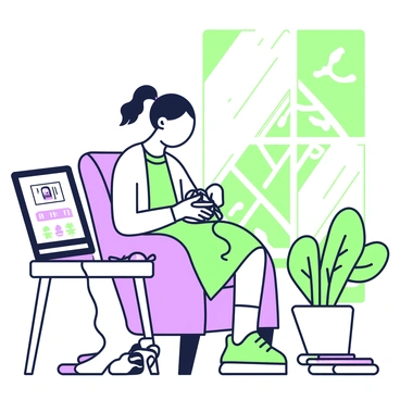 A girl is sitting on a comfortable chair in a sunlit room, focused on her crocheting. She has long hair tied back in a loose ponytail and wears a light-colored sweater. In her lap, there is a colorful skein of yarn from which she is creating a small blanket. Next to her, a tablet is resting on a side table, with the screen displaying a paused audiobook. Sunlight streams through a nearby window, casting warm light across the room and highlighting a few scattered magazines on the floor. A potted plant sits in the corner, adding a touch of greenery to the scene.