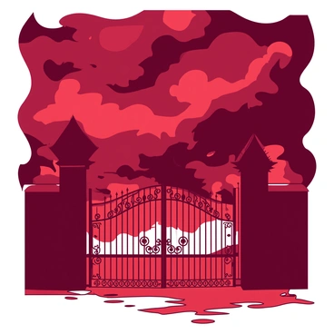 A gate with intricate wrought iron designs stands prominently, silhouetted against a crimson sky filled with dark, swirling storm clouds. The clouds are thick and heavy, reflecting various shades as they gather ominously around the gate. The scene captures the gate's sharp edges and curves, contrasting sharply with the vibrant colors of the sky. In the foreground, the ground is damp, hinting at an impending storm, while the atmosphere is charged with tension.