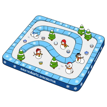 A colorful board game designed with a snowy theme. The game board features a winding path made of icy blue tiles, creating an intricate route through a winter wonderland. Along the path, there are cheerful snowmen of various sizes, each wearing different colorful scarves and hats. Small trees covered in white snow dot the landscape, adding to the festive feel. Various game pieces include tiny snowflakes and winter-themed tokens placed around the board. The edges of the board are adorned with playful illustrations of snowflakes and winter patterns.