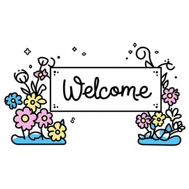 A sign at the entrance of "heaven's gate" reading "Welcome" in elegant cursive letters. The sign is prominently displayed, adorned with delicate embellishments. Surrounding the sign are various blooming flowers in vibrant colors, including roses, daisies, and lilies, creating a lush and inviting atmosphere. The flowers are abundant and arranged thoughtfully, enhancing the welcoming feel of the entrance. The scene is bright, emphasizing the beauty of the flowers and the warmth of the greeting.
