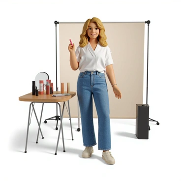 An influencer with long, wavy blonde hair styled elegantly is posing in a well-lit studio. She is wearing a trendy outfit consisting of a fitted white blouse and high-waisted denim jeans. Next to her, there is a sleek, modern table displaying various colorful beauty products elegantly arranged. The influencer smiles confidently at the camera while holding a lipstick in one hand. Behind her, there are soft, neutral-colored backdrops that enhance the overall aesthetic of the photoshoot.
