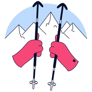 A pair of insulated gloves in a vibrant red color is gripping two ski poles firmly. The ski poles are black with metal tips, positioned upright against a backdrop of majestic snowy mountains. The mountains are capped with a thick layer of white snow, and the sky above is clear with a soft blue hue. The scene conveys a sense of winter activity and adventure in a snowy landscape.