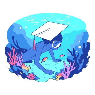 A graduate wearing a cap while snorkeling in a vibrant coral reef