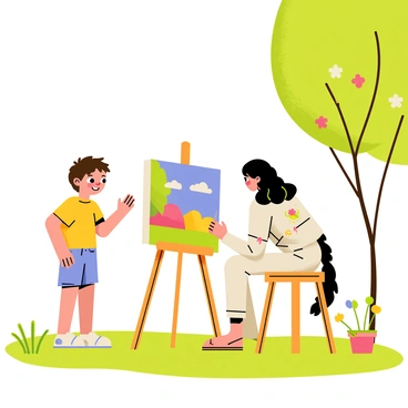 A child with short brown hair is standing on the grassy ground of a sunny park. The child is wearing a bright yellow t-shirt and blue shorts, with a look of fascination on their face. Nearby, a painter is sitting on a wooden stool, focused on creating a colorful landscape on a canvas. The painter has long curly hair and is dressed in a paint-splattered smock. The sunlight is shining down, casting soft shadows and highlighting the vibrant colors of the paint on the canvas. Trees with green leaves and colorful flowers are visible in the background, adding to the lively atmosphere of the park.