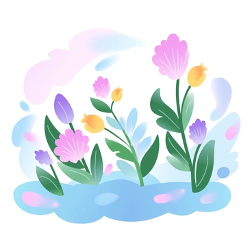 A whimsical garden filled with flowers and plants shaped like scallop shells. The scallop shell flowers are in vibrant colors such as bright pink, rich purple, and sunny yellow. The stems are lush and green, creating a striking contrast with the colorful shells. Different sizes of scallop shell plants are scattered throughout the garden, some blooming upright while others are nestled close to the ground. The background features a gradient of pastel hues, enhancing the overall enchanting atmosphere of the garden.