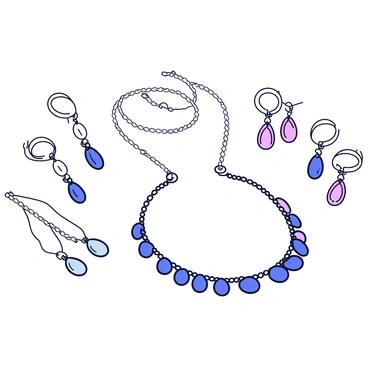 A collection of elegant jewelry pieces displayed on a soft white surface. Each piece features intricate designs, with delicate chains and ornate clasps. Tiny, shimmering ampoules are carefully attached, reflecting light and creating a sparkling effect. Some pieces include earrings that dangle gracefully, while others are necklaces that wrap elegantly around the curves. The ampoules vary slightly in shape and size, each contributing a unique charm to the overall arrangement.