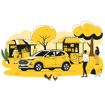 A crossover SUV in yellow parked along a dirt path at a rural market. The vehicle is angled to showcase its sleek design. Surrounding the SUV are various local vendors with colorful stalls, selling fresh produce, handmade crafts, and textiles. Shoppers of different ages are browsing the goods, some holding shopping bags filled with purchases. In the background, there are trees providing shade, and a couple of chickens are pecking at the ground nearby. A sign with "Farmers Market" is visible above one of the stalls.