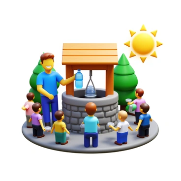 A person with a blue t-shirt and jeans is filling a clear water bottle at a stone community well. The well has a wooden roof and a sturdy bucket attached to a rope. Surrounding the well are several other people waiting with their own containers. The sun is shining brightly, casting shadows on the ground. Green trees and shrubs are visible in the background, emphasizing the natural setting. The person is smiling, showing a sense of community and cooperation.
