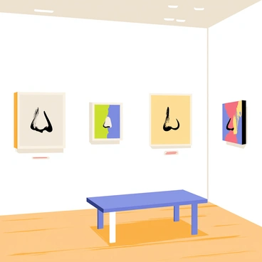 An art gallery interior with white walls and wooden flooring. Several frames are hanging on the walls, each containing a different painting of a nose. One painting displays a realistic nose rendered with detailed shadows, while another showcases a colorful abstract representation. A small plaque beneath each painting provides descriptions. In the center of the gallery, a sleek bench invites viewers to sit and admire the artwork. Soft lighting illuminates the features of the noses, creating a focus on the unique characteristics of each piece.