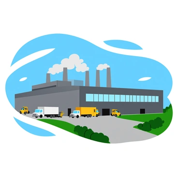 The exterior of a large manufacturing plant features several tall smokestacks billowing white smoke into the blue sky. The building is adorned with large, rectangular windows reflecting the sunlight. Loading docks, equipped with yellow forklifts, are located along the side of the plant. There are several delivery trucks parked near the docks, ready to load goods. A concrete pathway leads up to the main entrance, lined with green shrubs for added detail.