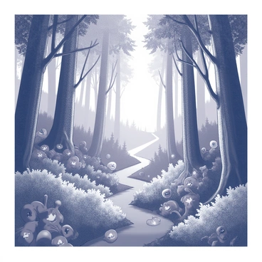 A dense forest filled with various types of trees, their trunks thick and textured. The underbrush is rich with foliage, featuring plants and shrubs of different shapes and sizes. Scattered throughout the forest floor are plants with luminescent features, giving off a soft glow. A variety of small creatures can be seen peeking out from behind the trees or nestled among the branches, their eyes wide and inquisitive. In the distance, a faint outline of a mist-covered path leads deeper into the woods, inviting further exploration.