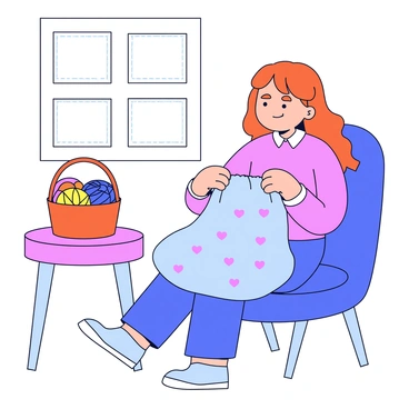 A mother sitting comfortably in a cozy room while knitting a baby blanket. She has long, flowing hair and wears a soft sweater. Her hands are gently guiding light blue yarn through knitting needles. The room features warm colors, with a small table beside her holding a basket filled with colorful yarn balls. A window allows soft light to enter, illuminating the scene. A gentle pattern of hearts is visible on the blanket as she works.