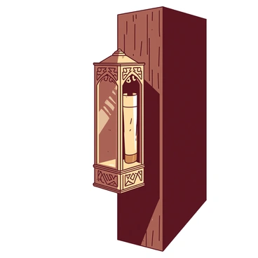 A close-up view of a decorative mezuzah affixed to a wooden doorpost. The mezuzah has intricate designs engraved into its surface, showcasing a blend of patterns. The doorpost is made of dark wood, providing a contrasting backdrop to the mezuzah. The mezuzah is positioned vertically, and a small scroll is visible through the glass cover. There is a warm light reflecting off the metal details of the mezuzah, enhancing its elegance.