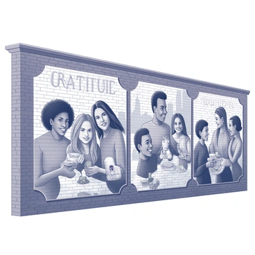 A large mural painted on a brick wall in an urban setting. The mural showcases various scenes that illustrate "gratitude" and "unity." In the foreground, diverse groups of people are depicted together, smiling and engaging in activities such as sharing food, helping each other, and celebrating cultural events. Each scene is framed by intricate patterns and symbols representing community and collaboration. The background features city landmarks, adding context to the urban environment.
