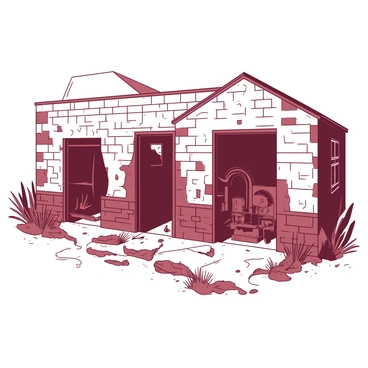 An aging factory stands with crumbling brick walls, its white paint peeling and fading. The windows are broken, with shards of glass scattered on the ground below. Rusting machinery is partially visible inside, shrouded in shadows. Weeds and overgrown vegetation are creeping through the cracks in the pavement surrounding the factory. The sky overhead is a muted color, casting a somber light across the scene, emphasizing the factory's neglect and the sense of decay.