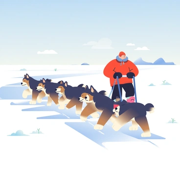 A team of six sled dogs, each with thick fur in shades of black and brown, is racing across a vast, white frozen tundra. The dogs are in full motion, with their paws sprinting over the snow, showcasing determination and strength. In the foreground, a musher is standing on the sled, wearing a bright red parka and black snow pants, with a fur-lined hood framing their face. The musher's hands grip the sled's handles tightly, urging the dogs forward. In the background, the endless expanse of white tundra stretches towards the horizon, dotted with small, icy ridges and patches of sparse, frozen vegetation. The sky above is a clear blue, with a few fluffy clouds drifting lazily overhead.