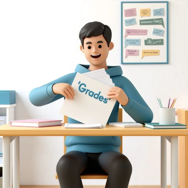 A student, wearing a blue hoodie and black jeans, is sitting at a wooden desk in a well-lit room. The student has short black hair and a wide smile as they eagerly open a thick white envelope labeled "'Grades'" in bright blue letters. Papers are slightly visible inside the envelope as the student’s hands grasp the flap. The desk is cluttered with textbooks and a pencil holder, and a colorful poster of motivational quotes can be seen on the wall in the background.