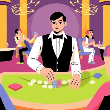 A professional croupier standing behind a green felt game table with a focused expression. The croupier is wearing a black vest and a white dress shirt, with a bow tie. The game table has colorful chips neatly arranged in front of the croupier, with various denominations visible. In the background, there are glamorous casino lights and elegant decor, including plush carpets and luxurious seating. Several players are seated around the table, eagerly watching the croupier's movements as they handle the cards and chips expertly.