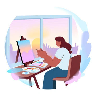 An artist is sitting at a wooden table, with various art supplies scattered around. The artist is focused on a canvas, showcasing vibrant colors as they create a painting. A large window behind the artist reveals a stunning sunset, with gradients of orange, pink, and purple hues filling the sky. The warm light from the sunset casts a soft glow in the room, illuminating the artist and their workspace. Outside the window, silhouettes of distant trees are visible against the colorful sky, enhancing the beautiful view.