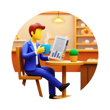 A broker in a smart suit, sitting at a small round table in a cozy cafe. The broker is holding a steaming cup of coffee in one hand and reading a financial newspaper with the other hand. The cafe has warm lighting, wooden furniture, and a display of pastries in the background. A small potted plant sits on the table next to the broker, adding a touch of greenery to the setting. The newspaper features graphs and stock market headlines.
