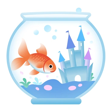 A goldfish with shimmering orange and white scales is gracefully swimming around a miniature castle made of vibrant blue and purple materials inside a clear fishbowl. The castle features tall towers and intricate details, surrounded by small pebbles and aquatic plants at the bottom of the bowl. Bubbles are rising from the goldfish as it glides through the water, creating a lively atmosphere within the bowl. Soft light filters through the glass, casting gentle reflections on the surface of the water.