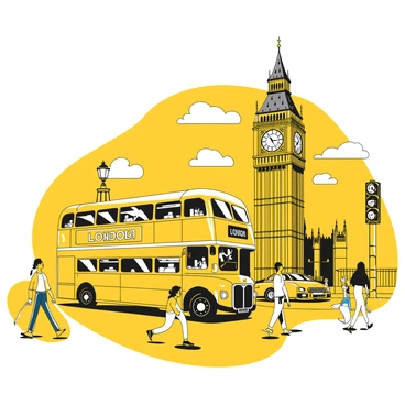 A traditional bus with two levels traveling along a bustling street. The bus has a prominent "London" lettering on its side. The street is filled with various pedestrians and vehicles, showcasing the vibrant energy of the city. In the background, a large clock tower is visible, featuring intricate architectural details, representing an iconic landmark of London. The scene captures the dynamic atmosphere of urban life.