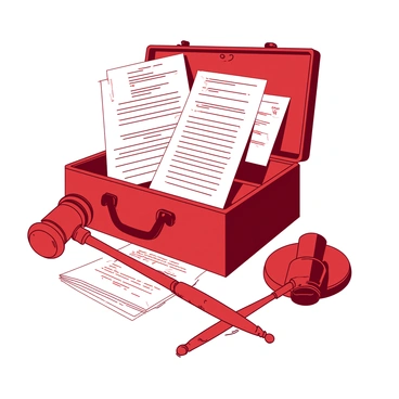 A red lawyer's briefcase is open on a white desk. Inside the briefcase, various legal documents are neatly organized, featuring text and diagrams. Next to the briefcase, there is a polished wooden gavel resting on the surface of the desk. The documents are scattered around, some partially overlapping, and the gavel is positioned prominently to highlight its significance in the legal context.