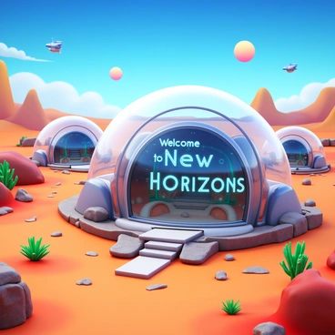 A futuristic space colony on a distant planet featuring multiple domed structures. The domes are made of transparent materials, showcasing intricate interior designs. The landscape surrounding the colony is rocky and barren, with a variety of alien plants scattered throughout. A vibrant sky with two suns casts unique shadows across the colony. Small spacecraft are visible in the air, indicating active transport between the domes. "Welcome to New Horizons" is prominently displayed in sleek, modern typography across the entrance of the largest dome.