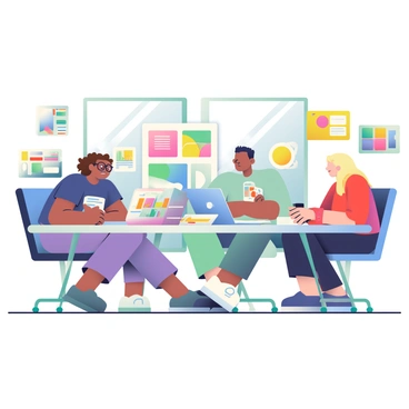 A bustling graphic design studio features multiple designers engaged in brainstorming around a large rectangular table. The designers include a woman with curly brown hair wearing glasses, a man with short black hair in a blue t-shirt, and another woman with straight blonde hair in a red dress. They are surrounded by colorful design mock-ups and sketches spread out on the table. A laptop is open in front of one designer, displaying vibrant graphics. The walls of the studio are adorned with various artwork and design inspiration boards. Natural light streams in through large windows, illuminating the creative workspace.