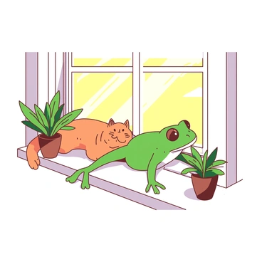 A green frog is perched on a sunny white windowsill, basking in the warmth of the sun. Next to the frog, a fluffy orange cat is lounging comfortably, stretching out its front paws. Sunlight casts soft shadows on the windowsill, creating a serene atmosphere. The frog and the cat both glance outside, their expressions reflecting a sense of contentment. Bright green plants can be seen in pots beside them, adding a touch of life to the scene.