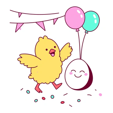 A yellow chick with fluffy feathers is joyfully dancing beside a white egg that has a cheerful face drawn on it. The scene is filled with colorful decorations, including pink streamers and blue balloons hanging from above. Confetti in shades of red and teal is scattered on the ground, adding to the festive atmosphere. The chick has one wing raised in the air, while the egg is slightly tilted as if it's bouncing along to the music.
