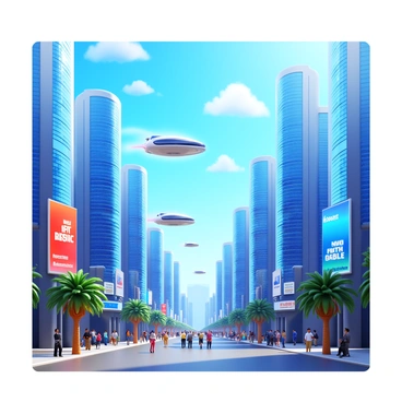 A futuristic cityscape featuring tall, sleek skyscrapers with glass facades reflecting sunlight. The streets are bustling with people wearing "sleek, high-tech 3D glasses" that glow softly. Various vehicles hover above the ground, showcasing advanced transportation technology. The sky is a bright blue with a few clouds, and digital billboards are displaying vibrant advertisements. Palm trees line the sidewalks, adding a touch of greenery to the urban environment.