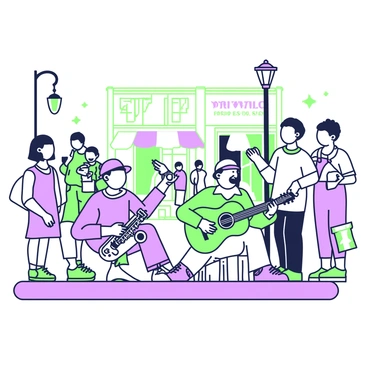 Two beggars are sitting on a lively street corner, playing musical instruments together. One beggar has a guitar resting on his knee, strumming it confidently, while the other is playing a saxophone, bringing a rich sound to the performance. Both individuals are wearing worn-out clothing, with hats placed in front of them to collect coins. Around them, various pedestrians are stopping to listen, creating a small crowd of engaged onlookers. The street is bustling with activity, showcasing shops and colorful storefronts in the background. A few birds can be seen perched on nearby lampposts, adding to the vibrant atmosphere.