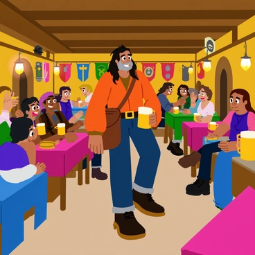 A tall, rugged man with long dark hair and a weathered face enters a bustling tavern. The tavern is filled with tables of diverse travelers, each engaged in animated conversations and storytelling. Several patrons are seated, some with tankards of frothy beer in hand, while others laugh heartily. The walls are adorned with various shields and banners, adding to the lively atmosphere. In one corner, a bard strums a lute, captivating a small audience. The warm glow from lanterns casts a cozy light over the scene, highlighting the excitement and camaraderie among the tavern-goers.