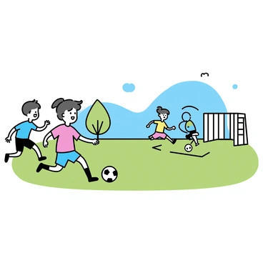 Ichinose is a young individual, wearing a red jersey and blue shorts, playing soccer on a bright green field. They are in mid-action, dribbling the ball towards a goal. Surrounding Ichinose are three friends, each wearing different colored jerseys, engaged in the game. One friend is lunging to intercept the ball, while another is positioned as a goalkeeper, ready to defend the goal. The scene captures the dynamic movement and enthusiasm of the game. In the background, there are simple outlines of trees and a clear blue sky, emphasizing the vibrant atmosphere of the day.