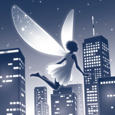 A fairy with delicate, shimmering wings is seen in mid-flight. The wings emit a soft glow that illuminates her surroundings. She moves gracefully between numerous sparkling lights that form a vibrant nighttime city skyline in the background. Skyscrapers with numerous windows twinkling like stars are visible, creating a contrast to the fairy's luminescent presence. The scene captures the dynamic motion of the fairy as she navigates through the urban landscape, highlighting the interplay between her glowing form and the bright city lights.