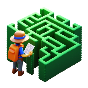 An explorer wearing a backpack and a wide-brimmed hat is navigating a maze. The maze is made of tall hedges, creating a complex network of paths. There are visible trial paths marked in a lighter shade, showing the routes the explorer has already attempted. The explorer is holding a map in one hand and looking intently at the maze, contemplating the next move. Sunlight filters through the leaves, casting dappled shadows on the ground.