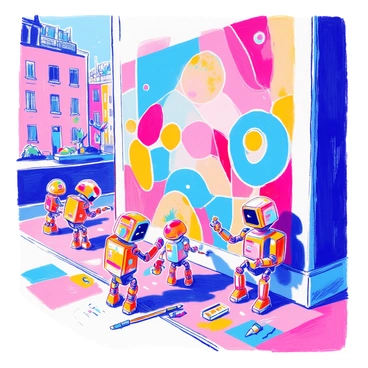 A group of small robots painting a giant mural on a city wall filled with bright colors.