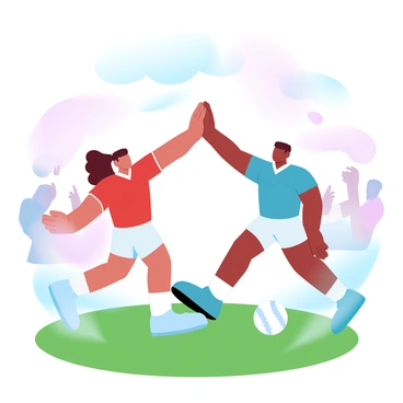 Two teammates are celebrating their success by exchanging a high-five on a lush green field. Both players are wearing matching team uniforms in vibrant colors, with one player in a red shirt and the other in a blue shirt. The ball used for kickball is visible nearby, situated on the grass. The sky above them is filled with soft gradient pastel colors, creating a joyful atmosphere. Spectators can be seen in the background, cheering and clapping in excitement.