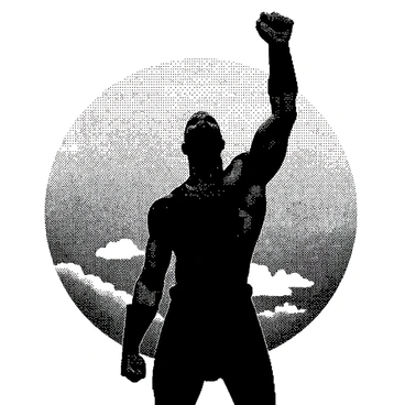 A silhouette of "Kratos" stands prominently against a large sun setting on the horizon. The figure has a muscular build and is in a dynamic pose with his weapons raised high above his head. The outline of his signature armor is visible, emphasizing his powerful stance. The shapes of clouds can be seen in the background, creating a striking contrast against the dark figure.