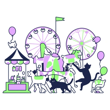 A group of cats is playing at a carnival filled with various attractions. In the center of the scene, a tall carousel with colorful horses is rotating, while nearby, a ferris wheel stands with several compartments. Colorful balloons are floating in the air, tied to a stand where a vendor offers treats. One cat is chasing a balloon, while another is perched on the edge of a swing ride. A third cat is playfully pawing at a carnival game booth with prizes displayed. The scene is lively, capturing the joy and excitement of the carnival atmosphere.