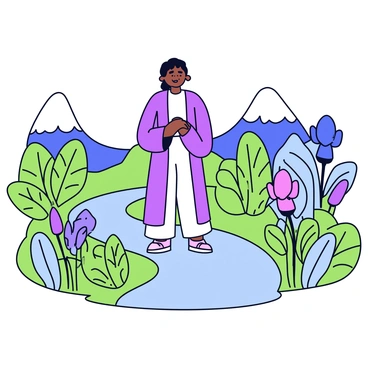 A prophet wearing a flowing robe stands in the center of an enchanted garden. Surrounding the prophet are various magical plants with vibrant green leaves, some with unusual shapes. Glowing flowers in hues of blue, purple, and pink bloom all around, casting soft light onto the scene. The garden features a winding path made of smooth stones that curves through the lush foliage. In the background, there are gentle hills silhouetted against the light. The atmosphere is filled with a sense of wonder and tranquility.