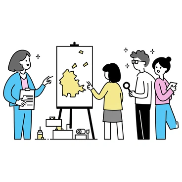 A group of three students, two females and one male, standing in front of a large, damaged painting on an easel. The painting shows signs of wear, with cracks and faded colors. One of the female students, with long brown hair, is taking notes on a clipboard, while the other female, with short black hair, is pointing at the painting and discussing its details. The male student, with glasses and curly hair, is examining the painting closely, holding a magnifying glass. They are in an art studio, surrounded by various art supplies and tools for restoration.