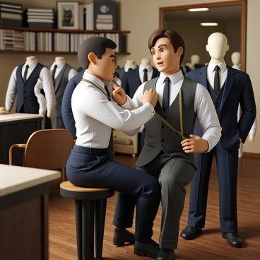 A tailor with short dark hair and wearing a measuring tape around his neck is carefully measuring the shoulder of a client. The client is a man with light brown hair, dressed in a white dress shirt. The tailor shop features elegant furnishings, including a wooden counter, shelves filled with fabric swatches, and a large mirror reflecting the scene. There are tailor mannequins wearing partially completed suits in the background, adding to the atmosphere of craftsmanship and bespoke tailoring.