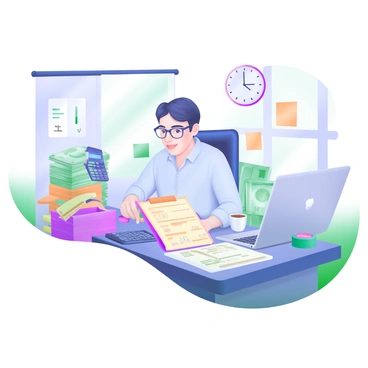 An accountant sits at a cluttered desk, surrounded by stacks of bills and papers. The desk is filled with a laptop, a calculator, and various stationery items like pens and sticky notes. The accountant is focused, wearing glasses and a light blue shirt, with a notepad open in front, displaying handwritten notes. In the background, there is a wall clock indicating late hours, and a coffee mug sits beside the laptop. A window is visible, with soft daylight streaming in, casting a gentle glow over the scene.