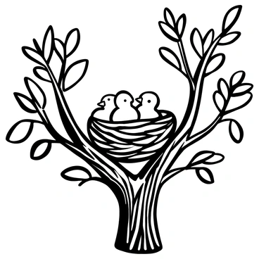 A bird's nest made of twigs and leaves is positioned securely among the branches of a tree. Several baby chicks are peeking out from the nest, their small bodies nestled closely together. The surrounding branches are thick and textured, with an assortment of leaves providing a natural frame for the nest. The scene is filled with the details of the tree's bark and the delicate structure of the nest.