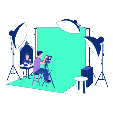 A small photo studio features a teal backdrop, enhancing the atmosphere for photography. In the center of the studio, a photographer is positioned behind a white camera, focused intently on capturing portraits. Professional lighting setups, including two large white softboxes, are angled towards a subject, illuminating the scene perfectly. There are several props scattered around the studio, such as a white stool and a small white table with a few photography accessories. The overall composition conveys a sense of professional artistry in the process of portrait photography.