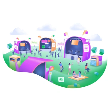 A modern pastel illustration of a lively outdoor music festival. The scene features multiple colorful stages set up across a grassy area, each adorned with vibrant banners and lighting. A diverse crowd of people enjoys the atmosphere, including individuals of various ethnicities and ages, some dancing and others sitting on picnic blankets. Food stalls are visible, offering a variety of snacks and beverages. Colorful balloons and flags are scattered throughout the festival, adding to the festive ambiance. "Live Music" signs are placed near the stages, indicating the performances happening at each location.